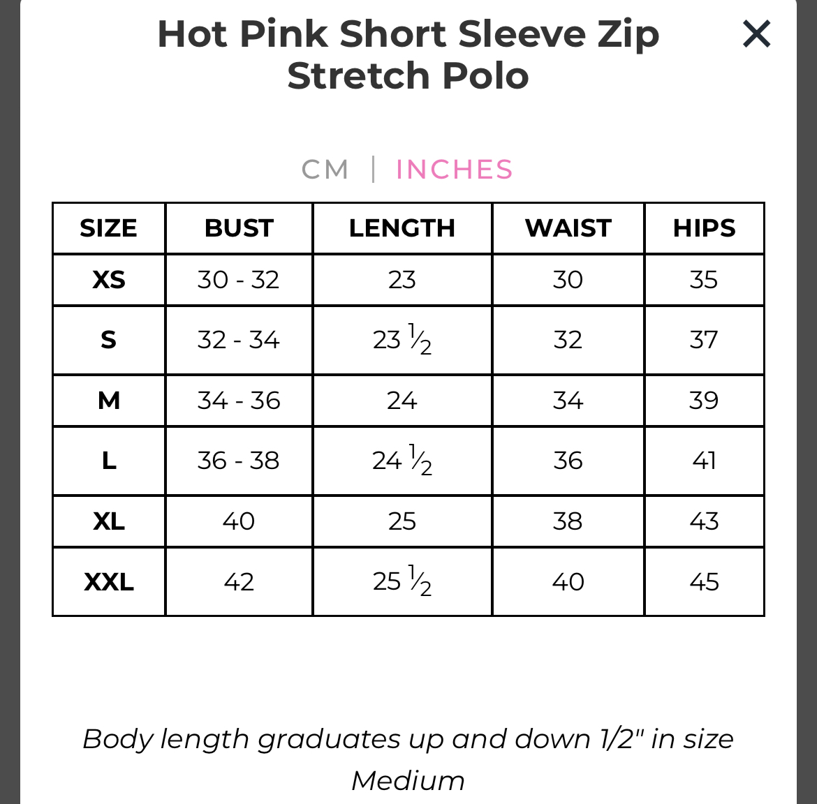 POLO SIZE CHART